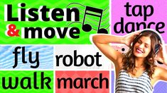 a woman with headphones standing in front of a poster that says listen and move