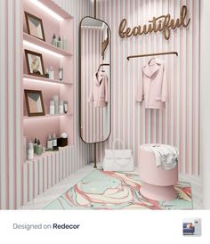 a bathroom with pink and white stripes on the wall next to a shelf filled with personal items