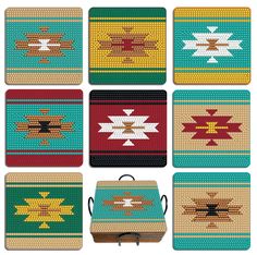 six coasters with native designs on them in different colors and patterns, each designed to look