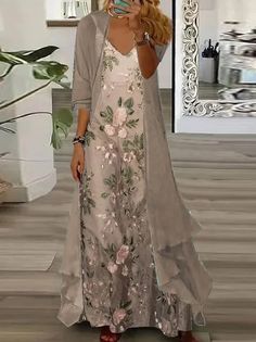 Plain V Neck Casual Jumpsuit | justfashionnow Chiffon Jacket, Wedding Options, Bride Outfits, Mode Boho, Grey Maxi Dress, Flower Skirt, Floral Print Maxi Dress, Chiffon Long Sleeve, Floral Print Maxi