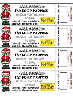 three tickets with santa clauss on them and the words believe in red, white and yellow