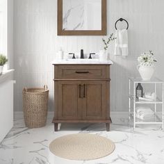 a bathroom with marble flooring and white walls