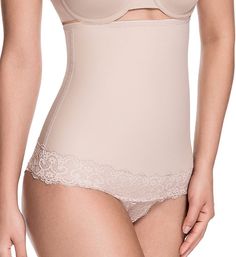 Give your waistline an instant makeover with the powerful shaping panel inside this sexy lace panty. Made of natural rubber, polyamide and elastane. Sewn-on elastic edge around top of waist. MuSt multi-directional stretch knit uses compression for a flatter tummy and a reduced waistline. Curved seams at sides encourage a more ideal shape. Wide band of lace is sewn onto underside of shaper. Lace attached panty has opaque front lining, with a sheer back. Center back seam gives rear a more defined Fitted Full Coverage Shapewear With Lace Trim, Elegant Lace Shaping Shapewear, Elegant Lace Shapewear With Shaping Fit, Elegant Lace Shapewear, Fitted Lace Trim Shapewear, Elegant Full Coverage Shapewear With Contoured Waistband, Elegant Shapewear With Lace Trim, Elegant Lace Shapewear With Lace Trim, Elegant Lace Trim Shapewear