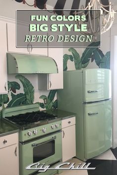 a green stove top oven sitting inside of a kitchen next to a refrigerator freezer