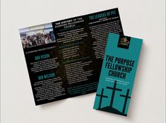 a brochure with the words the purpose fellowship church printed on it and an image of a cross