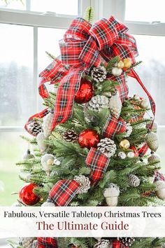 a christmas tree decorated with red and white plaid ribbon, pineconis, balls and ornaments