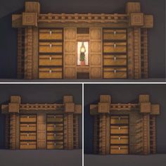 three different views of the inside of a building with wooden doors and shutters on each side