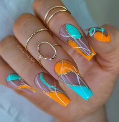 Orange Nails Ideas Summer, Orange And Blue Nails Design, Orange And Teal Nails, Teal And Orange Nails, Bedazzle Nails, Blue And Orange Nails Designs, Blue Orange Nails, Orange And Blue Nails, Unusual Nail Designs