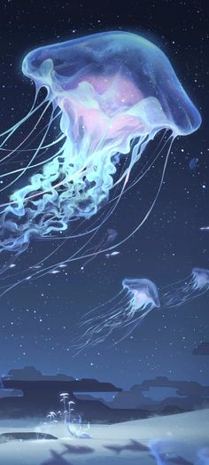 a group of jellyfish floating in the ocean at night time with stars above them