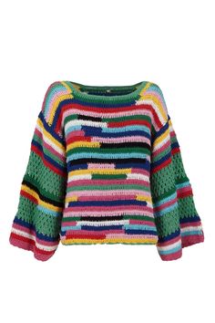 a multicolored knitted sweater with ruffles on the sleeves and cuffs