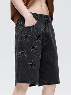 Shorts de mezclilla casuales para hombres con estampado de estrellas y bolsillos Negro    Mezclilla Geométrico Pierna recta No-Elástico  Men Clothing, size features are:Bust: ,Length: ,Sleeve Length: Star Print, Denim Shorts, Length Sleeve, Collar, Stars, Black