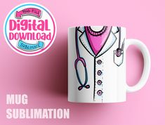 a coffee mug with a doctor's coat on it next to a pink background