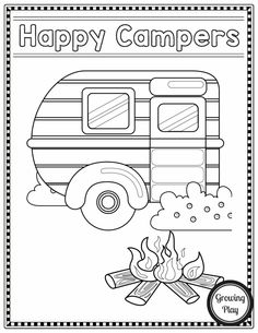 a camper coloring page with the words happy campers on it and a campfire