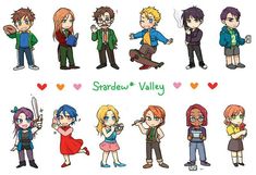 several cartoon characters are standing together in different poses, with the words stardew and valley above them