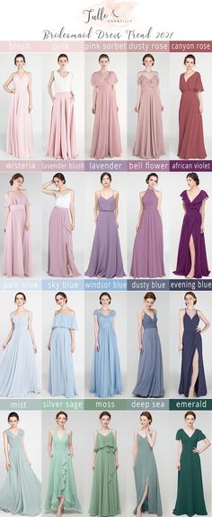 the different colors of dresses are shown in this image, and there is also an info sheet