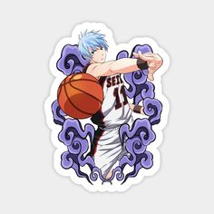 an anime character with blue hair holding a basketball in one hand and pointing to the side