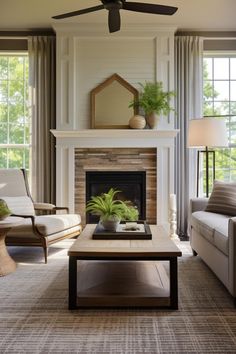 a living room filled with furniture and a fire place in front of a fireplace surrounded by windows