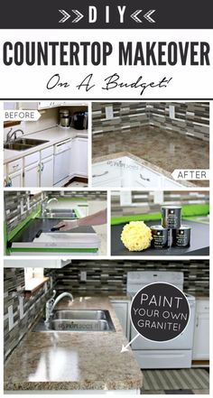 the instructions for how to make a countertop in a kitchen with white cabinets and black lettering