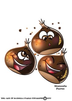 three chocolate covered donuts with faces drawn on them, one is smiling and the other has