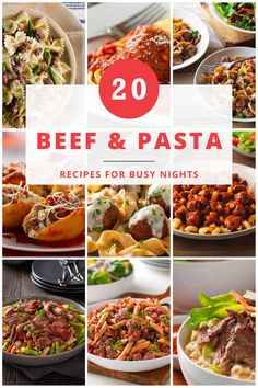 the cover of 20 beef and pasta recipes for busy nights, with images of different dishes