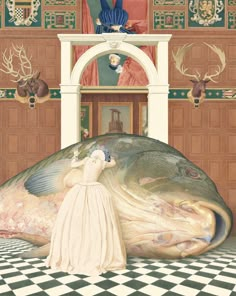 an illustration of a woman standing in front of a giant fish with antlers on it