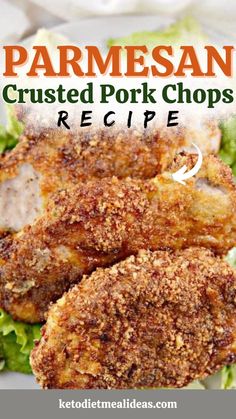 A close-up of crispy parmesan crusted pork chops served on a bed of greens, perfect for keto air fryer recipes, keto pork chops, air fryer pork chops, and keto dinner ideas. Air Fryer Recipes Pork Chops, Low Carb Pork Chop Recipe, Low Carb Pork Chops, Air Fryer Recipes Pork, Cheese Pork Chops, Crusted Pork Chops, Parmesan Crusted Pork Chops, Keto Pork Chops, Keto Pork