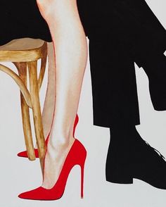 a painting of a woman's legs and red high heeled shoes next to a stool