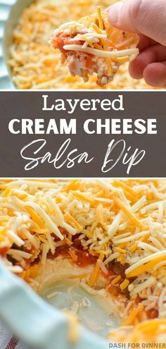 this layered cream cheese salsa dip is the perfect appetizer for any party or gathering