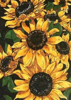 a painting of yellow sunflowers with green leaves