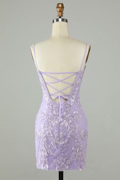 Purple Spaghetti Strap Dress With Corset Back, Fitted Mini Dress With Spaghetti Straps And Lace Back, Bodycon Dress With Spaghetti Straps And Lace-up Back, Lace-up Back Bodycon Dress With Spaghetti Straps, Party Evening Dress With Spaghetti Straps And Lace Back, Party Evening Dress With Lace Back And Spaghetti Straps, Fitted Purple Lace Evening Dress, Fitted Evening Dress With Corset Back And Spaghetti Straps, Fitted Dress With Delicate Straps For Prom