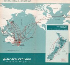 an old map shows the route of air new zealand and its routes from around the world