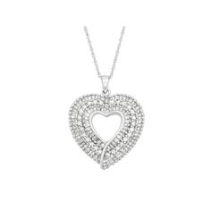 Enchant her with this breathtaking heart pendant. Round-cut diamonds and diamond baguettes make it a scintillating choice she's sure to love. Click on this JEWELRY & WATCHES GUIDE to learn about fit, styles, materials and more!PENDANT DETAILS Pendant length: .96 in. Chain length: 18 in. Clasp: spring ring Metal: rhodium-plated sterling silver DIAMOND DETAILS Total weight: 1 ct. Cut: baguette, round Color grade: I-J Clarity: I2-I3 Setting: prong Image(s) may be enlarged to show detail.Diamond wei Diamond White Heart Shaped Fine Jewelry Necklace, Fine Jewelry Double Heart Diamond Necklace, Dazzling Diamond White Necklace For Valentine's Day, Fine Jewelry Diamond White Heart Necklace, Fine Jewelry Diamond Necklace With Heart Cut Accents, Fine Jewelry Heart Cut Diamond Necklace With Accents, Dazzling Heart Cut Diamond Necklace With Accents, Dazzling Diamond Necklace With Accents For Valentine's Day, Fine Jewelry Diamond Necklace With Brilliant Cut Double Heart