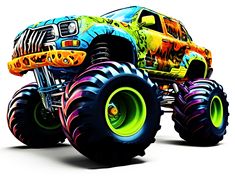 the monster truck is painted with bright colors