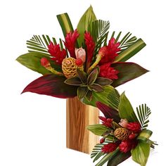 a wooden vase filled with red flowers and greenery on top of a white background