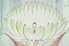 a drawing of a woman sitting on top of a giant flower with leaves around her