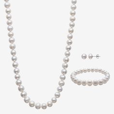 Luxury Beaded Necklaces For Anniversary With Round Beads, Classic Jewelry With Sterling Silver Clasp, Classic White Gold Round Jewelry Sets, Classic White Round Jewelry Sets, Classic Round Pearl Jewelry Sets, Classic Pearl Jewelry Sets, Classic Pearl White Jewelry Sets, Classic White Sterling Silver Jewelry Sets, Formal Pearl Jewelry With Sterling Silver Clasp