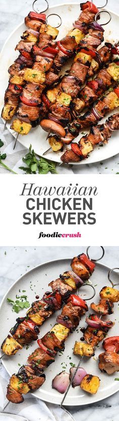 chicken skewers on a white plate with the words hawaiian chicken skewers