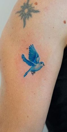 a small blue bird tattoo on the left upper arm and shoulder, with stars in the background