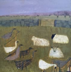 an oil painting of sheep and geese in a field