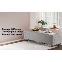 a storage ottoman is shown in front of a window with the words storage ottoman storage your things free up your space