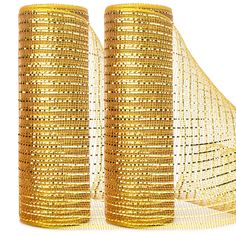 two rolls of gold mesh on white background