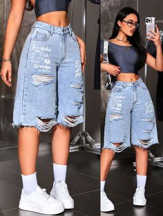 Women's Fashionable Loose Distressed Denim Shorts Blue Casual   Denim Letter,Plain Biker Shorts Non-Stretch  Women Clothing, size features are:Bust: ,Length: ,Sleeve Length: Cargo Shorts Outfits Women Streetwear, Deku Casual Clothes Anime, Short Jeans Outfit, Jean Shorts Long, Baggy Jean Shorts, Cute Outfits With Shorts, Street Style Outfits Casual, Oversize Outfit, Big Shorts