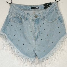 Fashion Nova Light Denim Embellished High Waisted Shorts Size Small Spike Me A Pose Denim Shorts New Measurements In Photo Used W/Iphone New, Shorts, Spikes, Festival, Denim Trendy High Waist Jean Shorts For Parties, Trendy Jean Shorts For Party, Trendy Summer Party Jean Shorts, Party Jean Shorts For Spring, Summer Party Cutoff Bottoms, Party-ready Jean Shorts For Spring, Spring Party Jean Shorts, Party Cutoff Denim Shorts, Trendy Cutoff Bottoms For Party