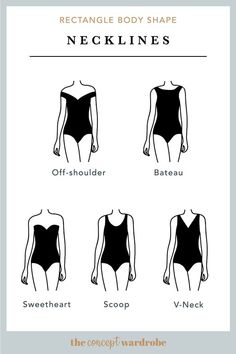 the concept wardrobe | A selection of great necklines for the rectangle body shape. Round necklines as well as low and wide necklines work best for this body shape. Body Shape Chart, Rectangle Body Shape Fashion, Personality Inspiration, The Concept Wardrobe, Concept Wardrobe, Body Shape Guide, College Formal