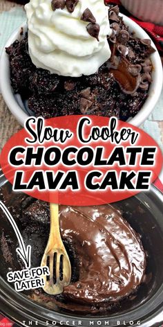 slow cooker chocolate lava cake with whipped cream on top