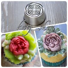 three pictures of cupcakes with icing on them and the words kayty - sher above them