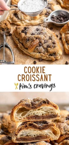 cookies and chocolate chips are stacked on top of each other with the words cookie croissant fun's drawings