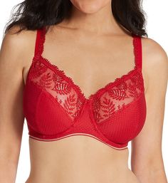 Exquisite underwire bra has seamed full coverage cups with charming a raised, gleaming swiss dot pattern at bottom. Top of cups has elegant leaf embroidered sheer mesh, also along sides of adjustable straps. Made of polyester, polyamide (nylon), cotton and elastane. Multi-part, unpadded underwire cup has opaque knit lining at the bottom to shape and support breasts. Sheer mesh upper cup has scalloped edges and embroidered leaf pattern that extends to the straps. Angled and vertical cup seams mai Full Coverage Red Bra With Padded Cups, Red Full Cup Bra With Removable Pads, Red Full Coverage Bra With Padded Cups, Fitted Red Bra With Removable Cups, Red Fitted Bra With Removable Cups, Red Full Coverage Padded Bra, Elegant Red Bra Partially Lined, Elegant Red Partially Lined Bra, Embroidered Leaf