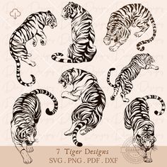 six tiger designs in black and white on a beige background with the words, 7 tiger designs svg, png, dxf