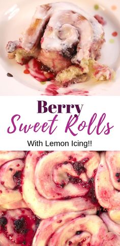 berry sweet rolls with lemon icing on a white plate and the title overlay reads berry sweet rolls with lemon icing